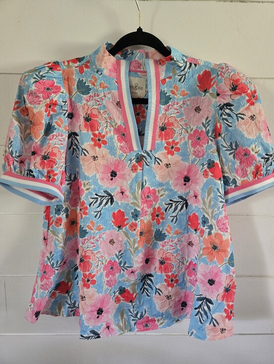 Umgee Tops - UMGEE-Floral Puff-Sleeve V-Neck Top in Multicolor